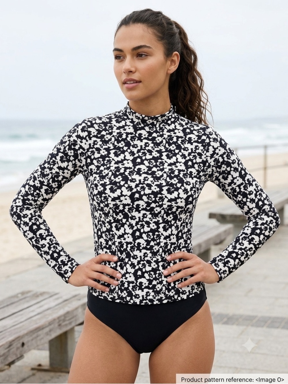 MARYSIA Swamis Black and White Floral Mock Neck Rashguard (126)
